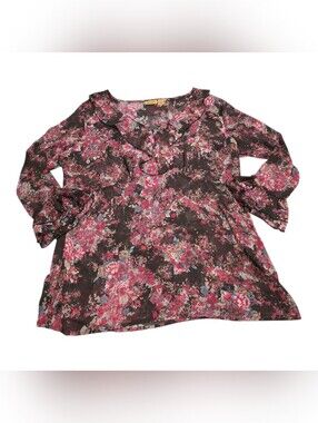 Wrangler Womens Sheer Floral Blouse XXL Ruffle Boho Peasant Top Long Sleeve Pink